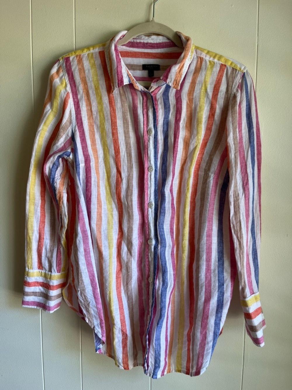 Talbots Multicolor Striped Button-Down Linen Beach Coastal Summer Shirt Sz LP - Picture 2 of 9